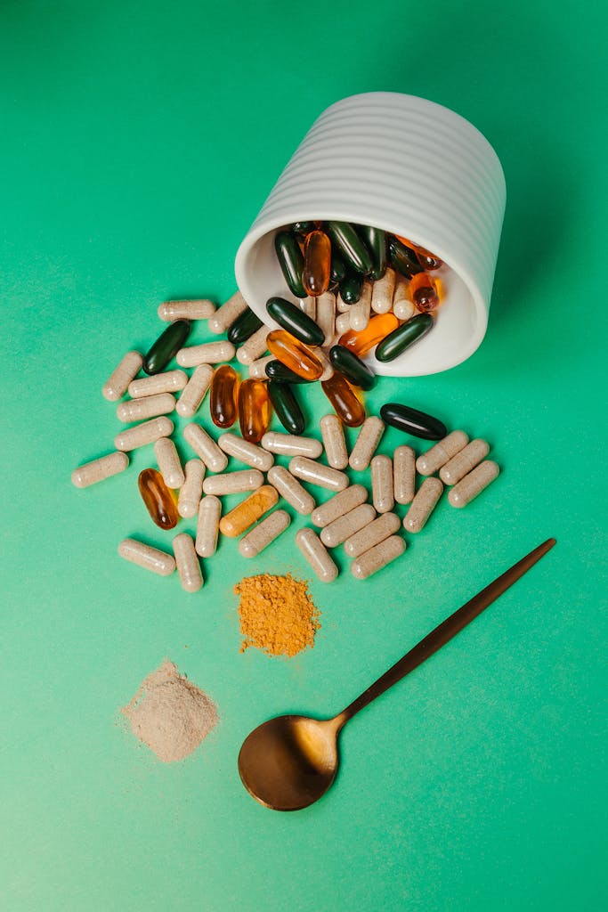 Multi Colored Capsules, Bowl and Spoon