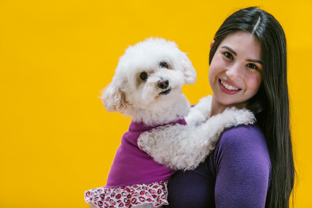 A cheerful woman holds a poodle dressed in pink against a vibrant yellow backdrop, showcasing happiness and companionship.